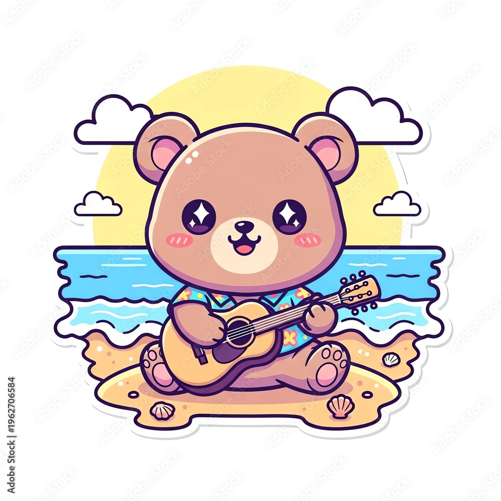 Obraz premium Cute Bear Playing Guitar on Beach.
