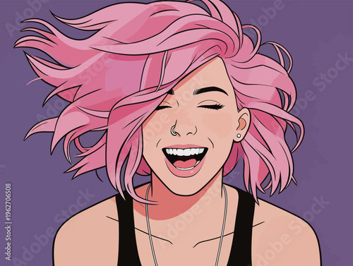 Happy woman with pink hair smiles widely against a purple background while showing joy in a relaxed setting during daytime