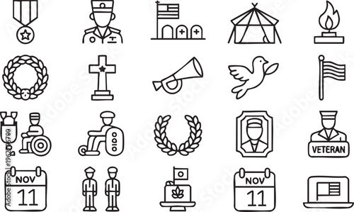 Military And Veteran Icons With Medals Flags And Memorial Elements