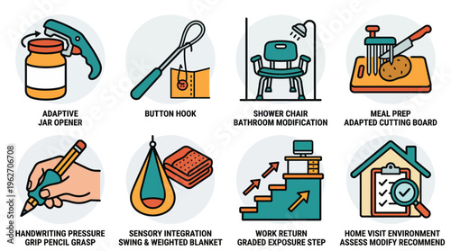 Occupational Therapy Adaptive Equipment and Rehabilitation Icons Set