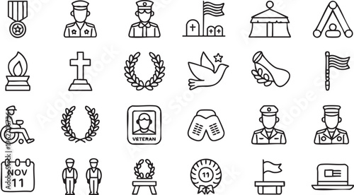 Veteran And Military Outline Icons With Honor And Remembrance Concepts