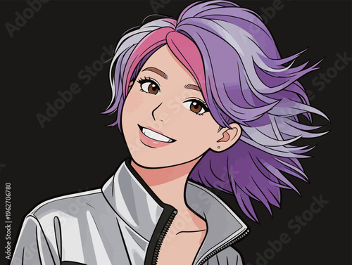 Young woman with colorful hair smiling in a digital art scene set against a dark background during an imaginary moment