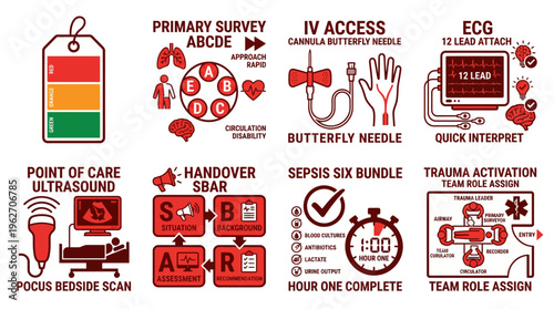 Emergency Medicine Protocols and Medical Procedure Infographic Icons Set