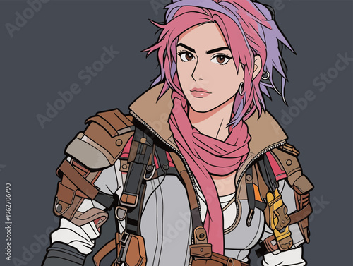 Character with pink and purple hair in a modern outfit stands against a gray background showing her features and style in detail