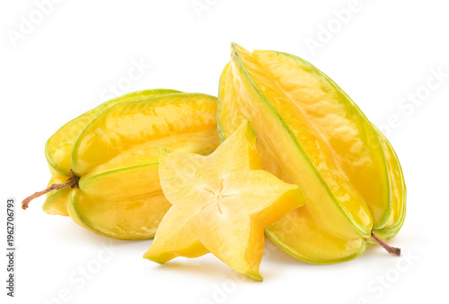 Tableau sur toile Star fruit or carambola with slice isolate on white.