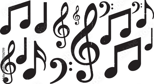 Black musical notes and symbols on white background illustration