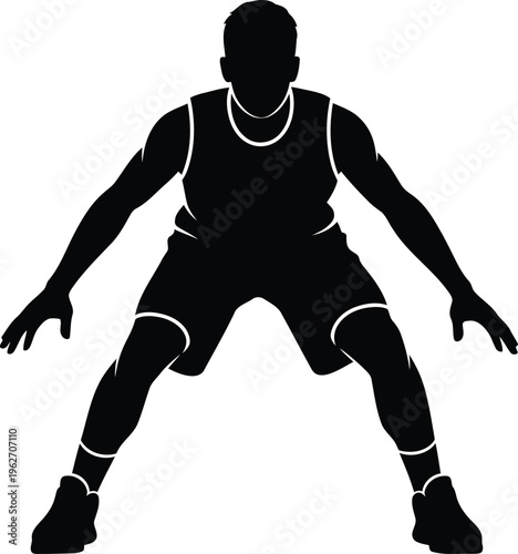 Basketball player in defensive stance silhouette for sports graphic design