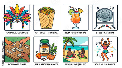 Caribbean Culture and Lifestyle Icons Vector Illustration Set