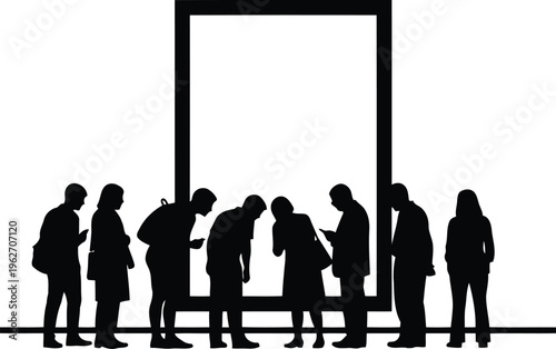 group of people silhouettes queuing and looking at empty advertising billboard or display screen frame