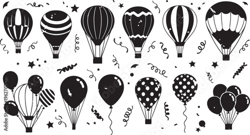 Black and white hot air balloons with festive decorations