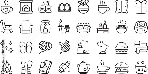 Home Comfort Icons With Fireplace Tea And Relaxation Symbols
