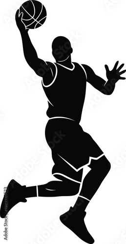 Black silhouette of a basketball player performing a powerful slam dunk