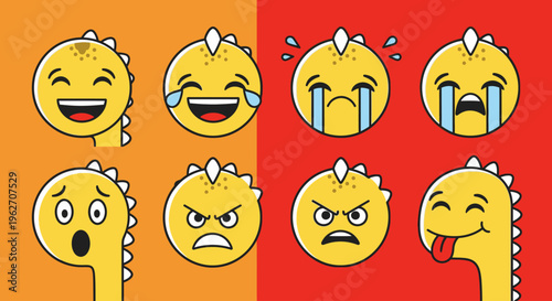Flat lay of six cartoon emojis with different facial expressions on orange and red background.