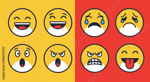 Flat lay of six emoticon faces arranged on a split yellow and red background with various expressions.