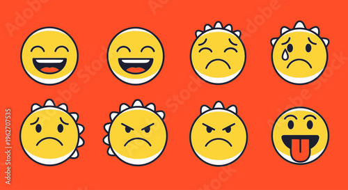 Eight emoticon faces with various expressions on a bright orange background with white border.