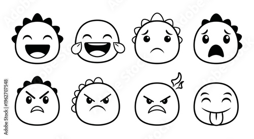 A set of eight emoticon faces with various expressions on a white background in a simple line drawing style.