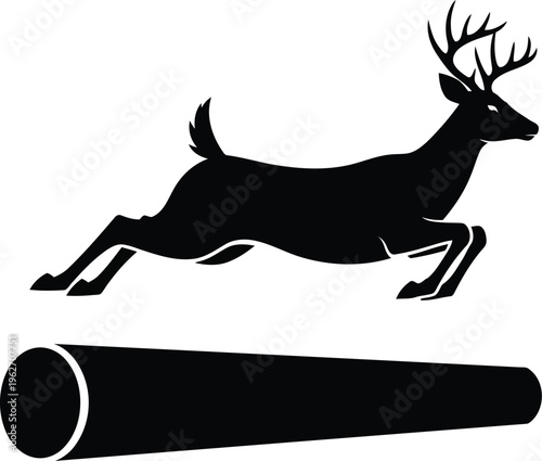 Black silhouette of a jumping stag leaping over a log