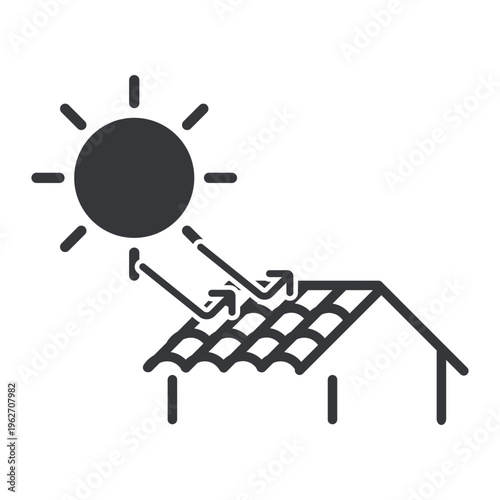 Isolated monochrome pictogram of house with roof shielding from sunlight and UV rays representing heat protection, comfort, and residential safety concept