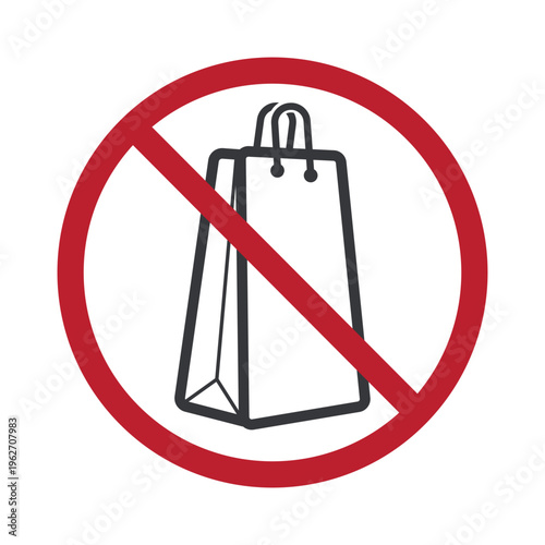 Isolated prohibition sign with shopping paper bag symbol indicating no excessive shopping and no bag provided policy for retail awareness