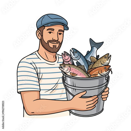 Fisherman Holding Fresh Catch in Bucket Cartoon Illustration