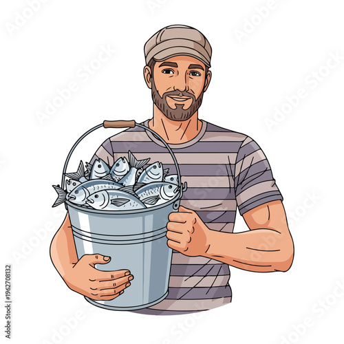 Fisherman Holding Fresh Catch in Bucket Cartoon Illustration