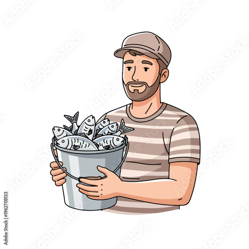 Fisherman Holding Fresh Catch in Bucket Cartoon Illustration