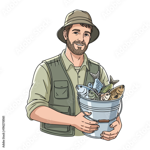 Fisherman Holding Fresh Catch in Bucket Cartoon Illustration
