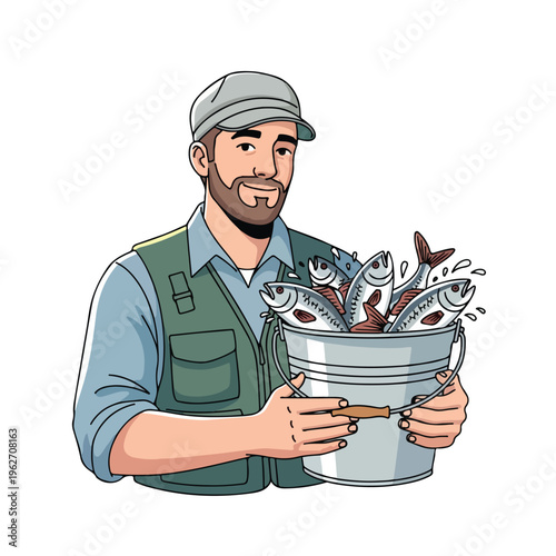 Fisherman Holding Fresh Catch in Bucket Cartoon Illustration