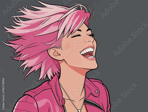Woman with pink hair laughs while wearing a pink jacket against a gray background during a creative art session