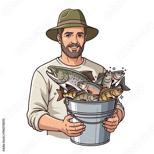 Fisherman Holding Fresh Catch in Bucket Cartoon Illustration