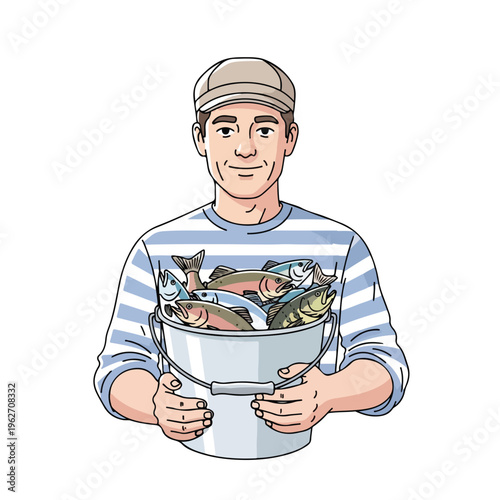 Fisherman Holding Fresh Catch in Bucket Cartoon Illustration