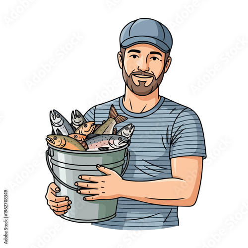 Fisherman Holding Fresh Catch in Bucket Cartoon Illustration