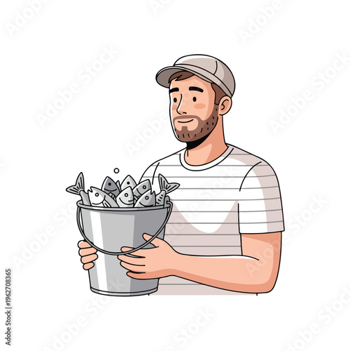 Fisherman Holding Fresh Catch in Bucket Cartoon Illustration