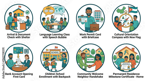 Refugee Settlement and Immigrant Integration Milestones Icon Set