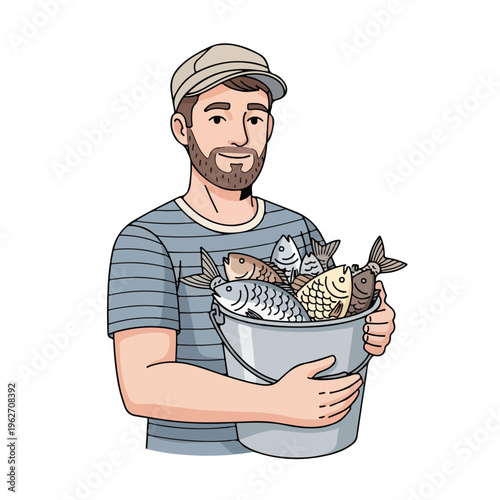 Fisherman Holding Fresh Catch in Bucket Cartoon Illustration