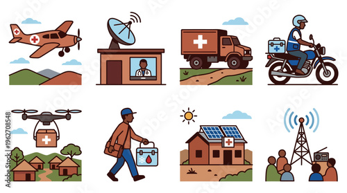 Remote healthcare logistics and humanitarian medical aid icon set