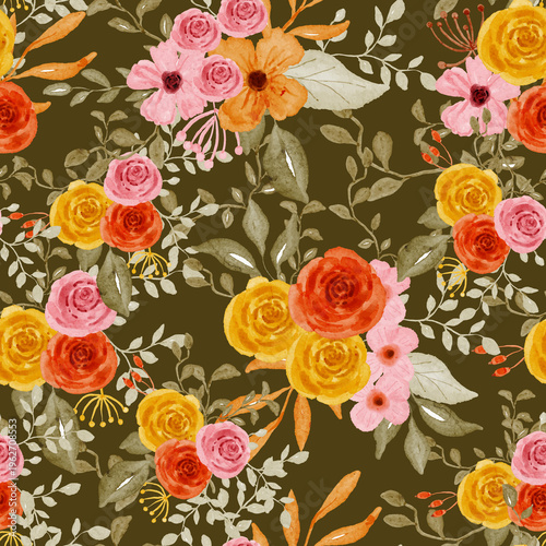 Watercolor Floral Pattern Seamless Background with Roses and Leaves