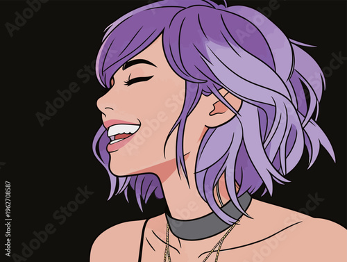 Woman with purple hair smiles and enjoys the moment while facing sideways against a dark background