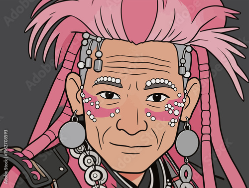 Person with pink hair and accessories poses in a cartoon style against a plain background