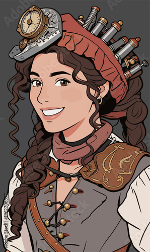 Young inventor with steampunk gear smiling against a dark background