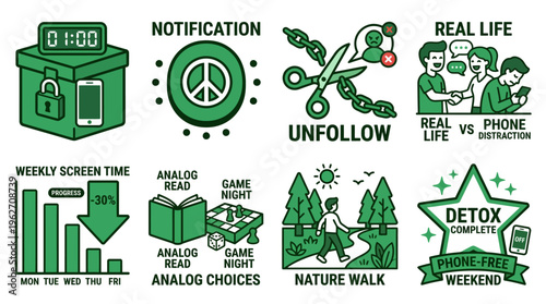 Digital detox icons for reducing screen time and social media