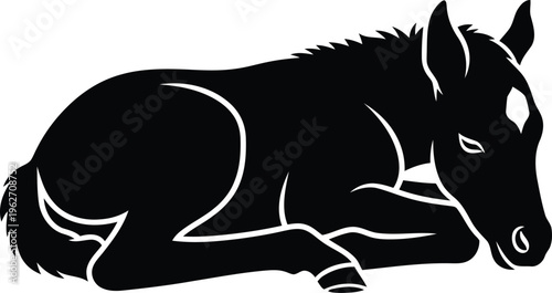 Black and White Silhouette of a Cute Foal Lying Down on