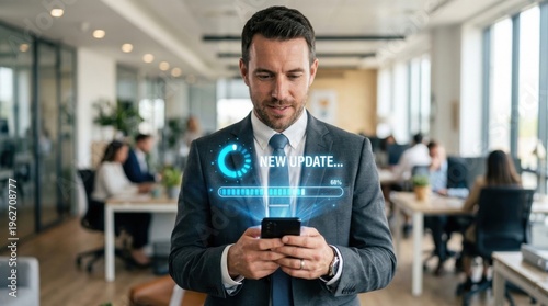 Confident businessman checking new software update on smartphone in a modern open space office with bright lighting conveying efficiency