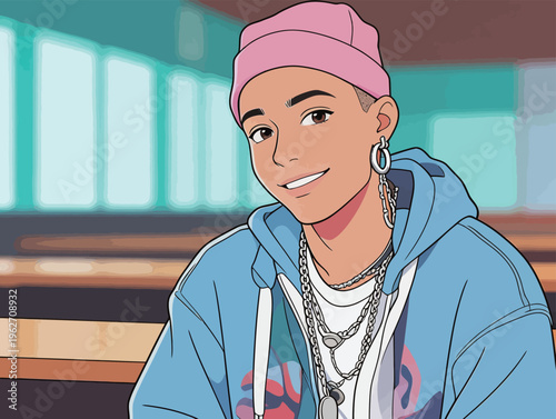 Young person with a pink hat sits in a classroom during the day, smiling and wearing a blue hoodie