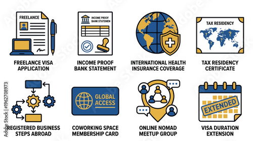 Digital nomad freelance visa application and business relocation icons