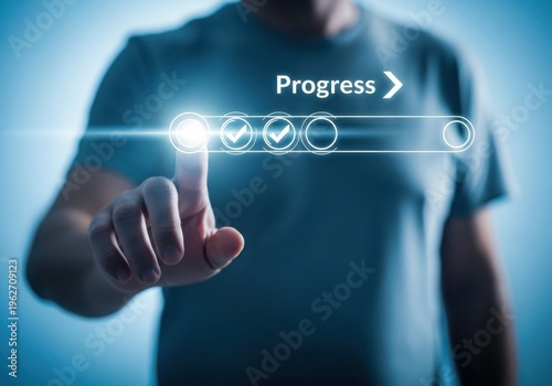 Man interacting with a progress bar on a digital interface with glowing icons
