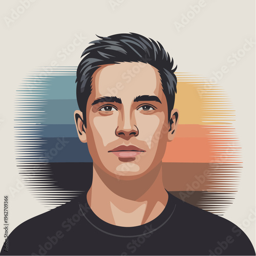 Digital illustration of a young man with short dark hair and a black s