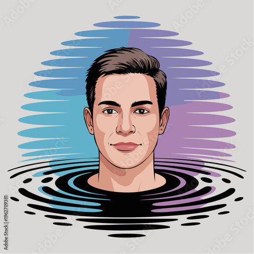 Illustration of a young man head in water ripples