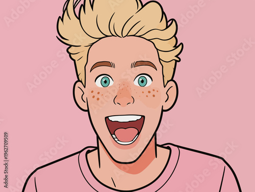 Young person with blond hair and freckles smiles broadly against a pink background in a fun and lively setting