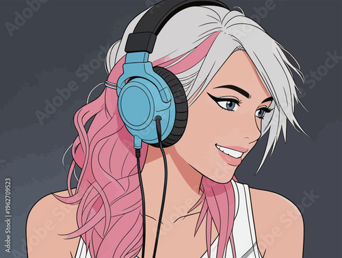 Young woman enjoys music while wearing large headphones and smiling in a digital art piece set against a dark background